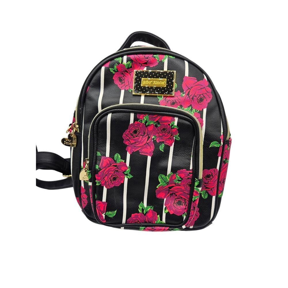 Betsey Johnson Women's Backpack Purse Black Stripe Pink Floral Pockets